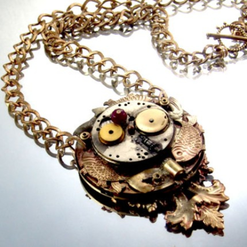 DESIGNER KAY Necklace Steampunk Vtg Watch GP Ruby